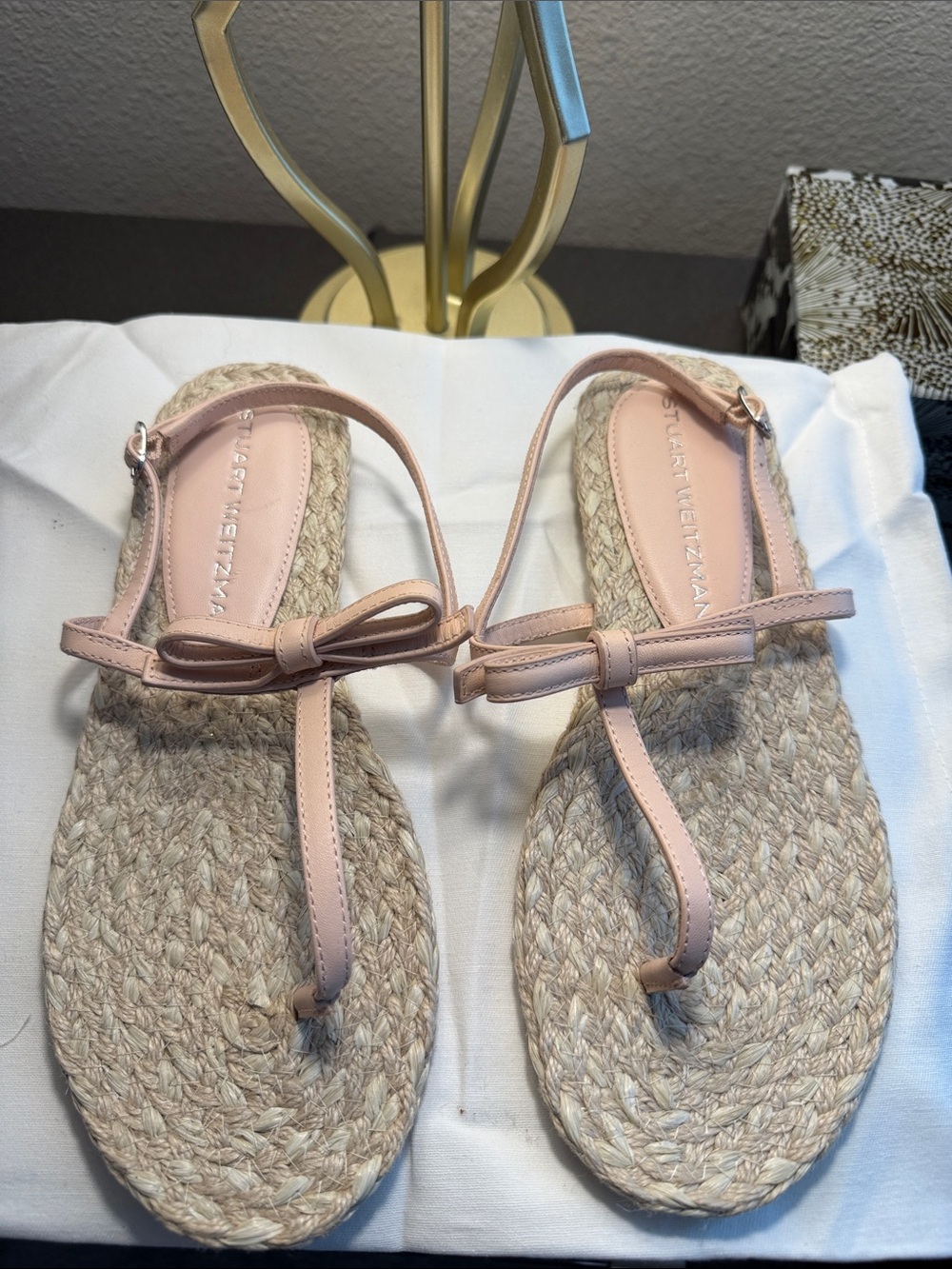 Stuart Weitzman Blush Leather Bow Espadrille Sandals